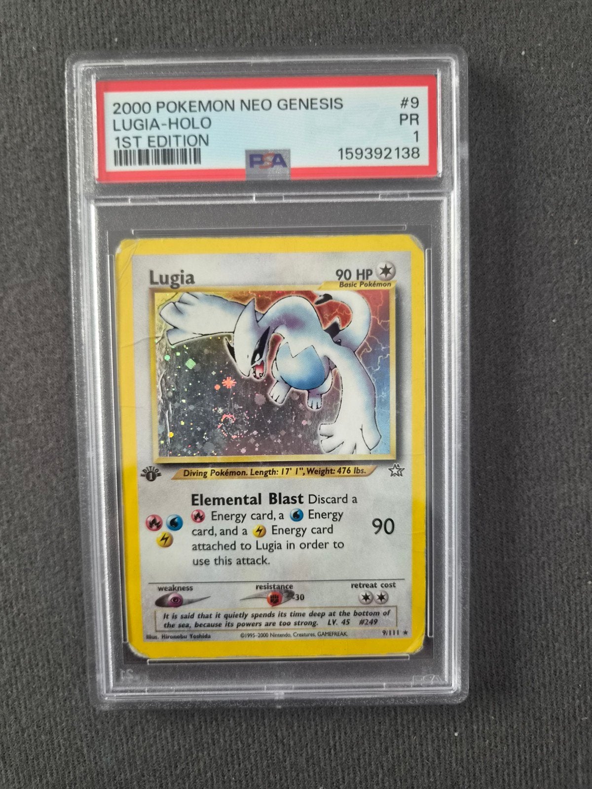 Lugia Holo 2000 Neo Genesis 1st Edition PSA 1 Pokémon Kaart, Ophalen of Verzenden, Zo goed als nieuw, Losse kaart