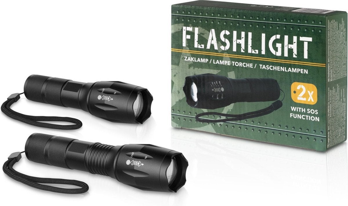 TECHNOSMART Militaire Zaklamp Set van 2 - Zwarte Handzaklam, Ophalen of Verzenden, Zo goed als nieuw, Batterij