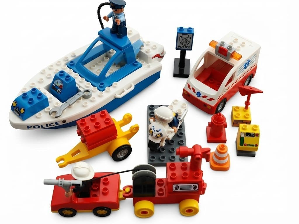 Duplo Politieboot, ambulance en brandweerwagen, Gebruikt, Ophalen of Verzenden, Inclusief minifiguren, Duplo