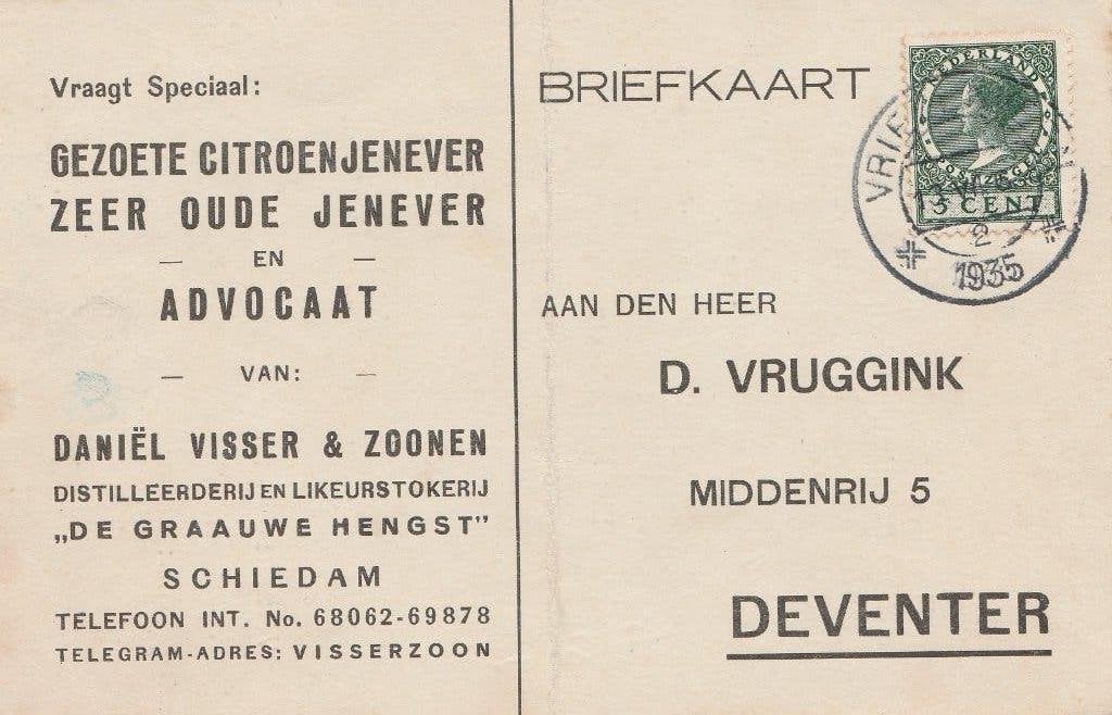 VRIEZENVEEN-Deventer 1935 H. BOOM bestelt 50 liter jenever, Verzenden, 1920 tot 1940, Gelopen, Overijssel