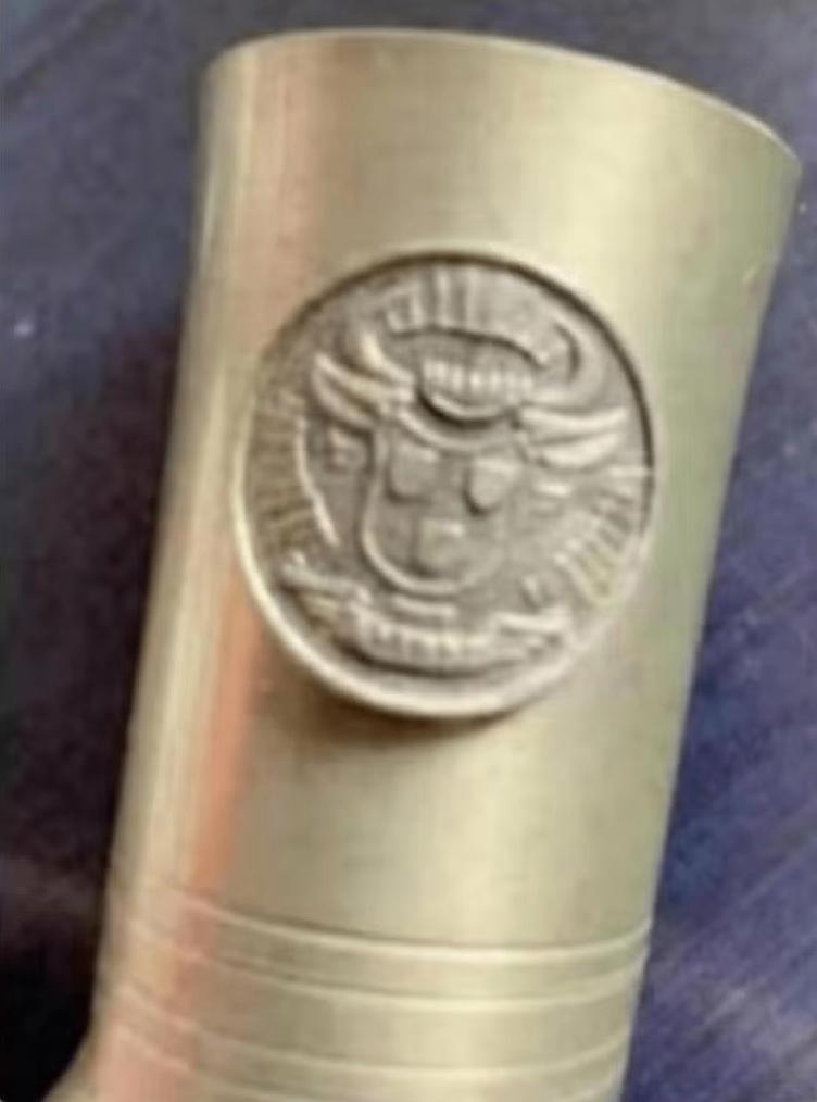 Antiek tinnen bekertje, beker, pot, kannetje met schildje, Antiek en Kunst, Ophalen of Verzenden