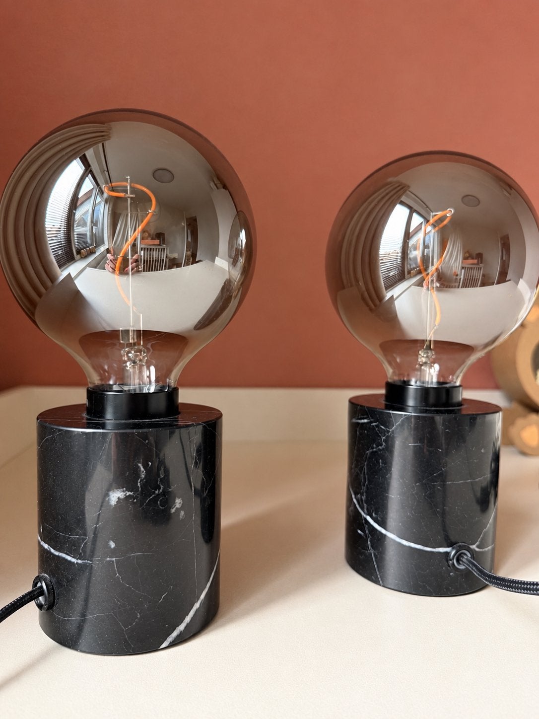 Set van 2 marmeren tafellampen met Edison lampen, Huis en Inrichting, Ophalen, E27 (groot), Zwart, Met stekker