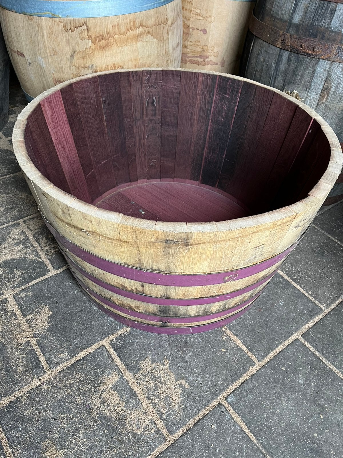 Bloembak waterbak half wijnvat groot mooie paarse banden, Gerard Krale, Rond, Nieuw, Ophalen of Verzenden