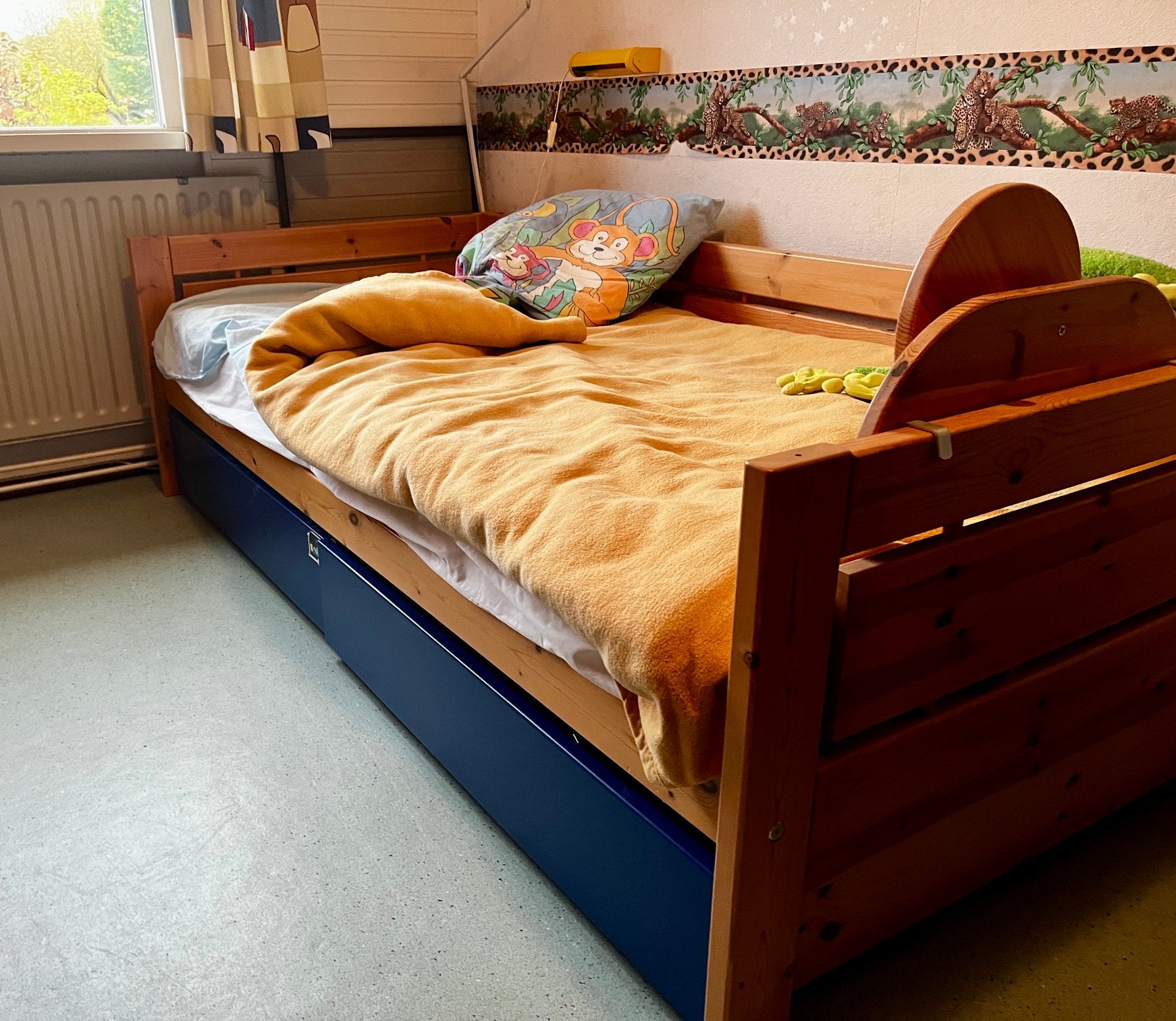LifeTime eenpersoonsbed met twee opbergladen, Ophalen, Eenpersoons, Blauw, 210 cm