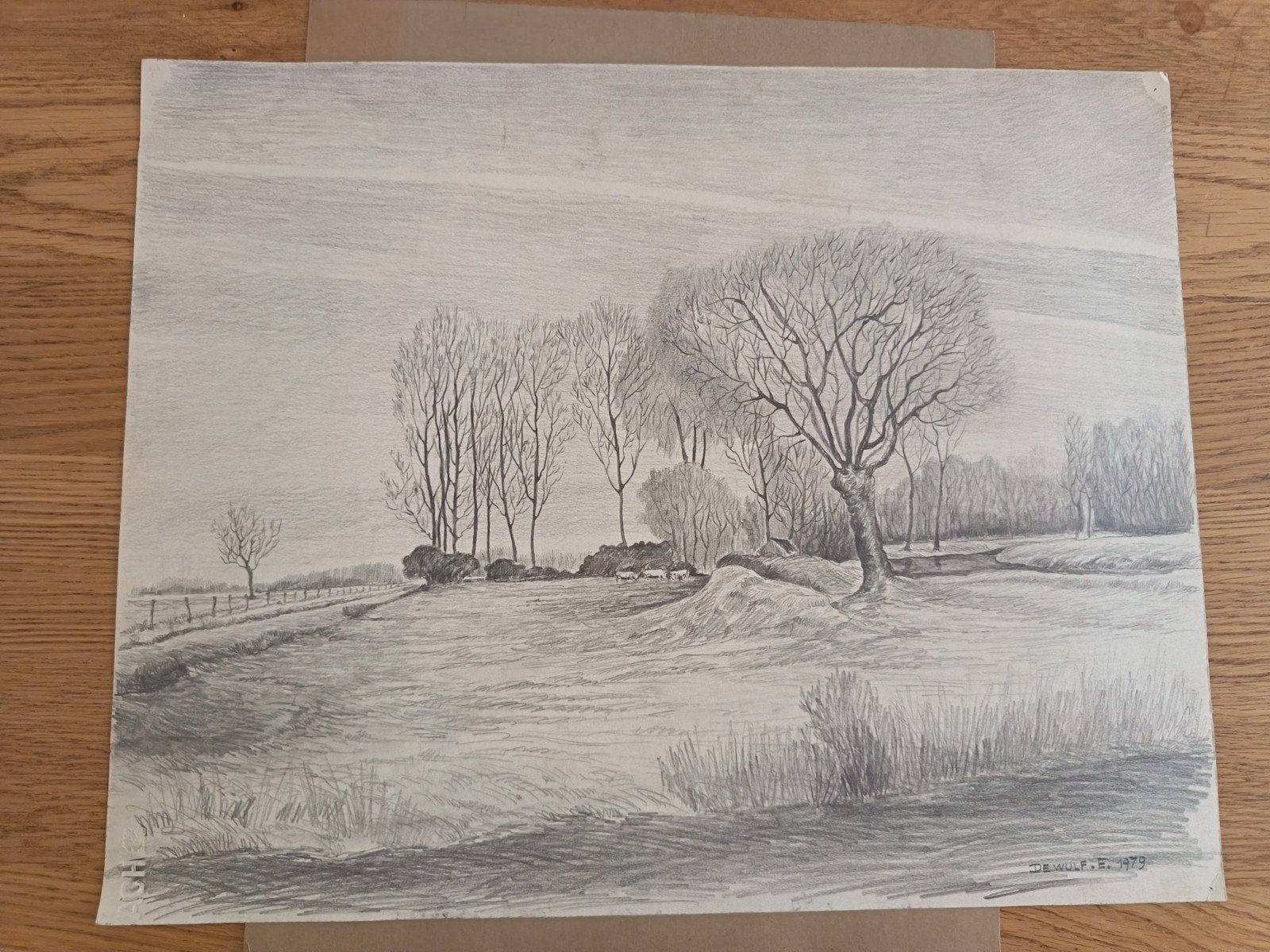 Potloodtekening Landschap door E. De Wulf, 1979, Ophalen of Verzenden, Tekening, Potloodtekening, Origineel