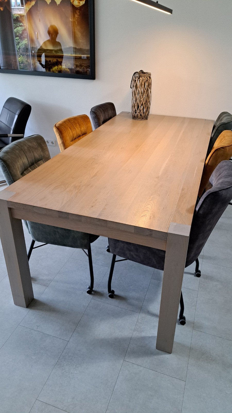 Moderne rechthoekige lichte greywash eiken eetkamertafel, Ophalen, Eikenhout, 200 cm of meer, 50 tot 100 cm