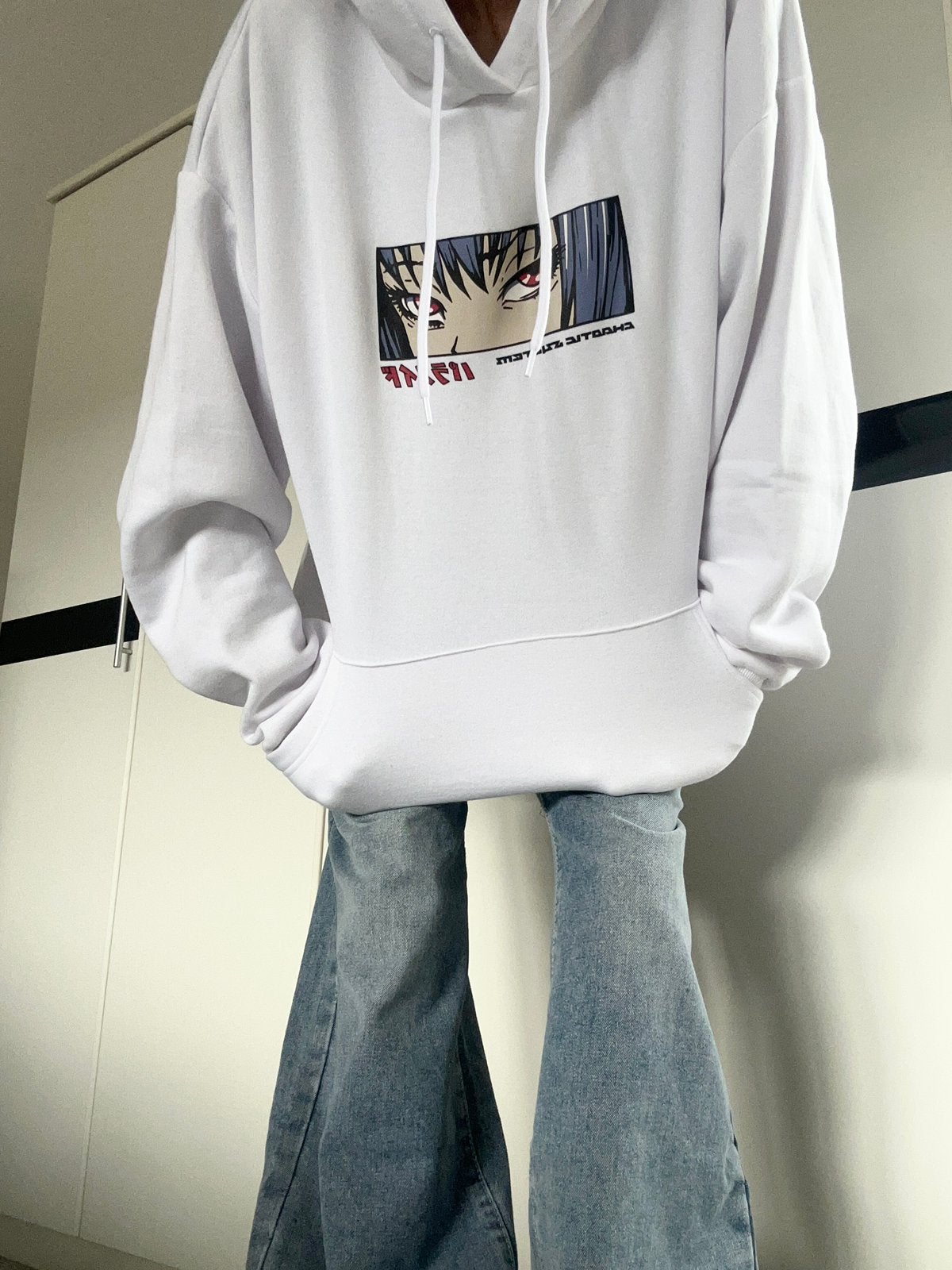 Hoodie met capuchon en Japanse anime print - Maat L - NIEUW, Ophalen of Verzenden, Nieuw, Maat 52/54 (L), Wit