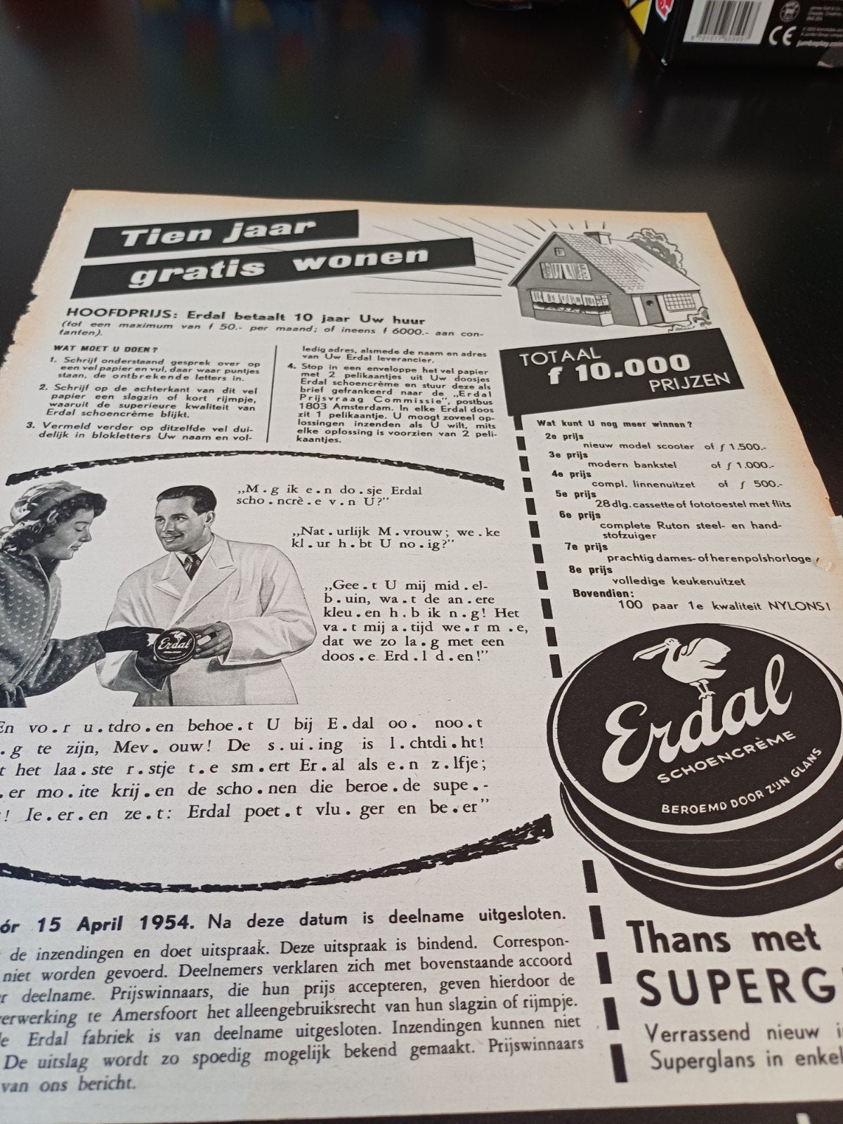advertentie prijsvraag Erdal schoencreme 1954, Ophalen of Verzenden, Gebruikt, Overige typen