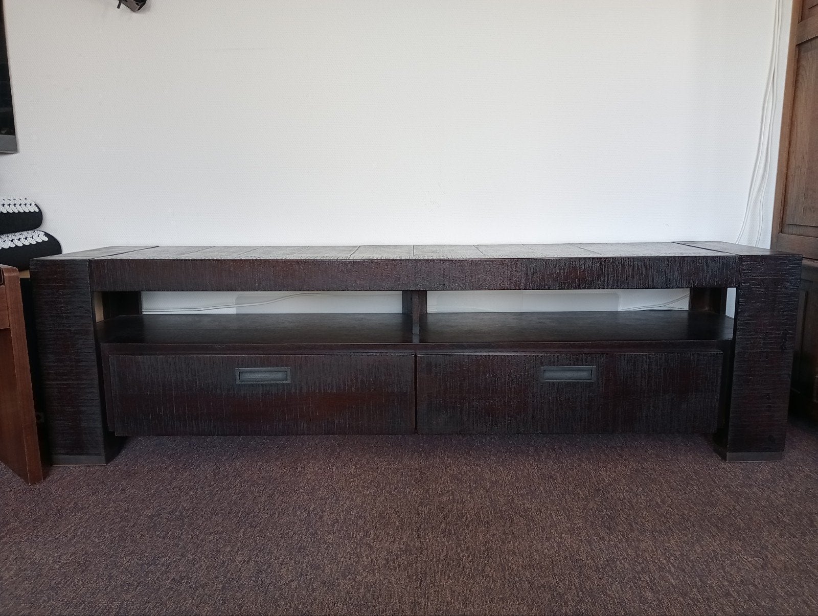 tv meubel donker hout met 2 lades, Ophalen, Gebruikt, 25 tot 50 cm, 150 tot 200 cm