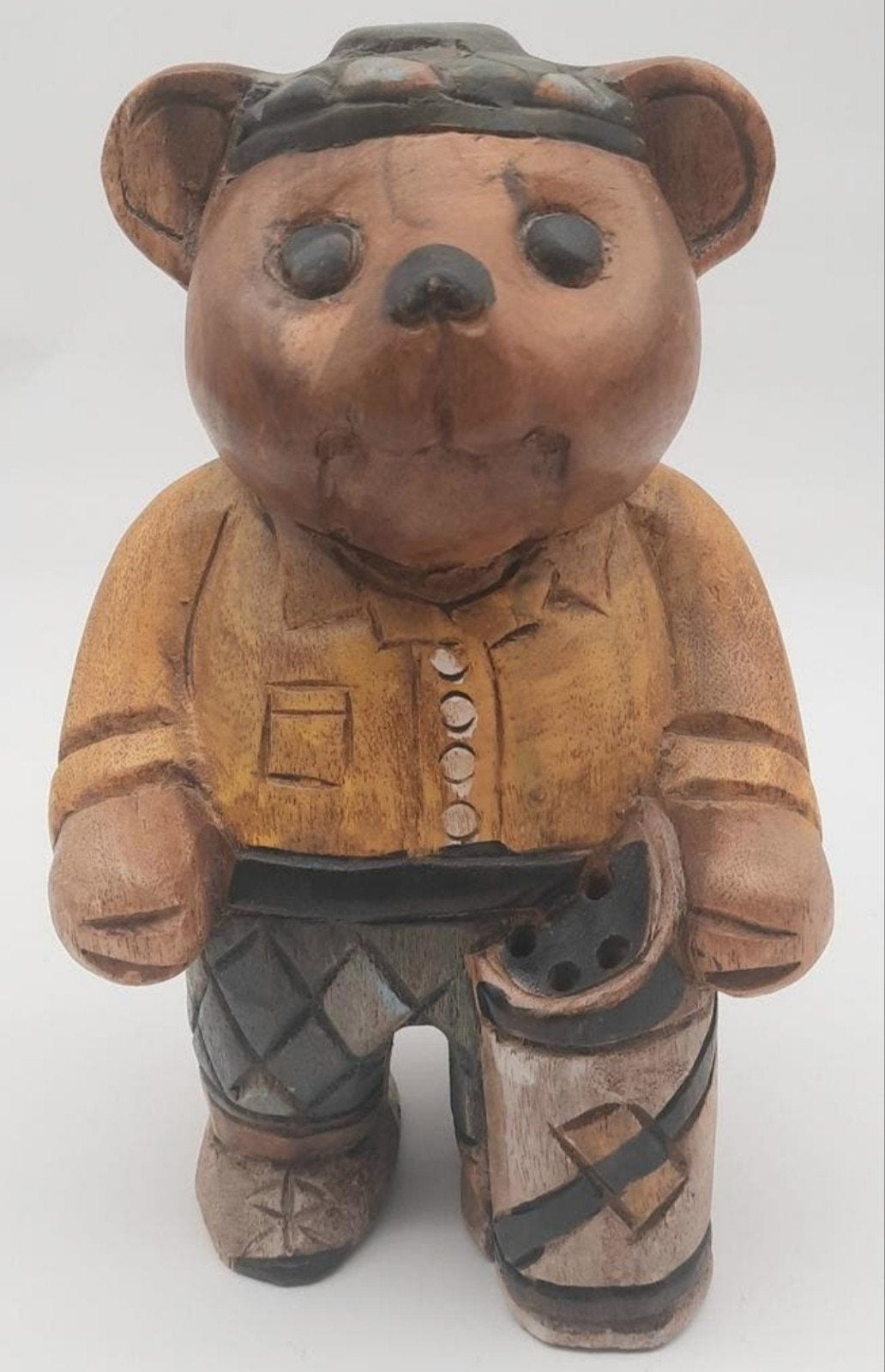 Vintage grote houten beeld Beer met golftas, Verzamelen, Beelden en Beeldjes, Ophalen of Verzenden, Gebruikt, Dier