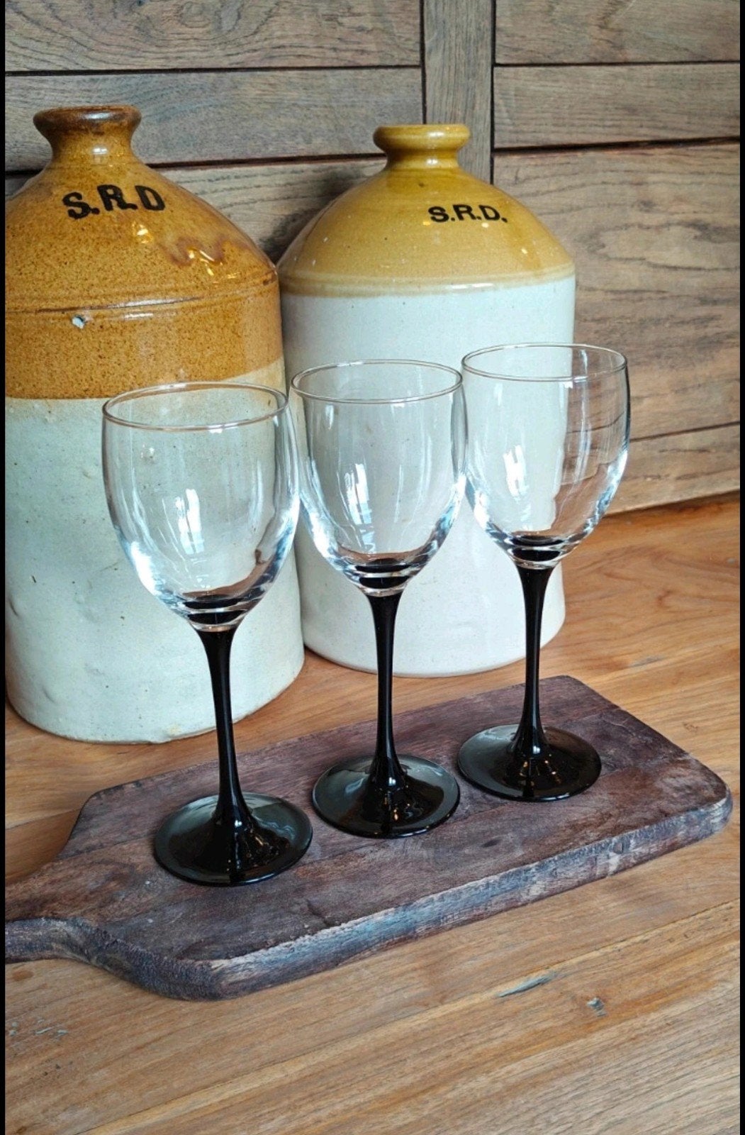 3 Vintage wijn glazen zwarte voet Luminarc, Ophalen of Verzenden, Overige typen