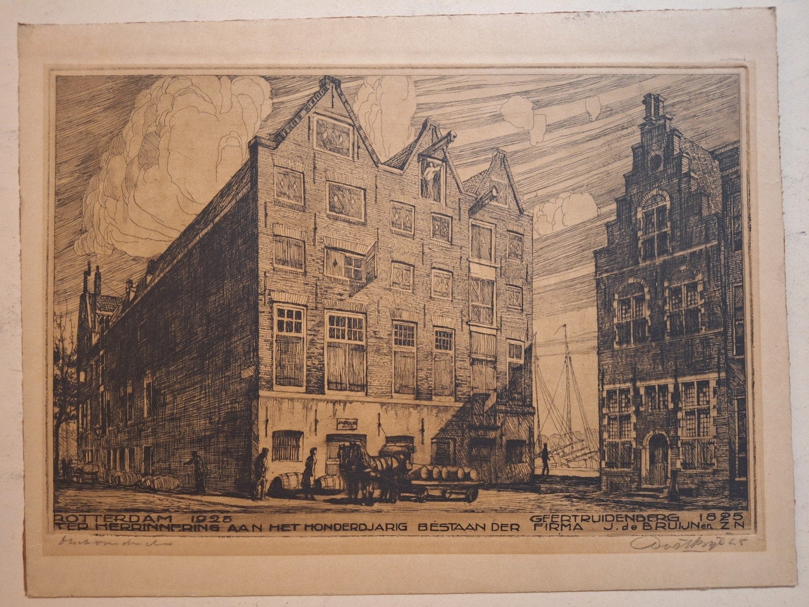 Gesigneerde ets Rotterdam:  bier brouwerij, Antiek en Kunst, Ets, Stadsgezicht, Ophalen of Verzenden, Gesigneerd