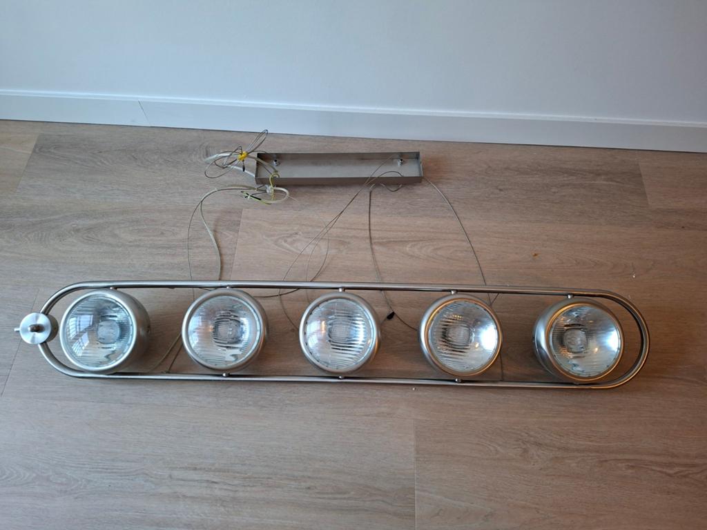 Moderne plafondlamp met 5 spots - RVS, Huis en Inrichting, Lampen | Hanglampen, Ophalen, Gebruikt, Metaal, Modern