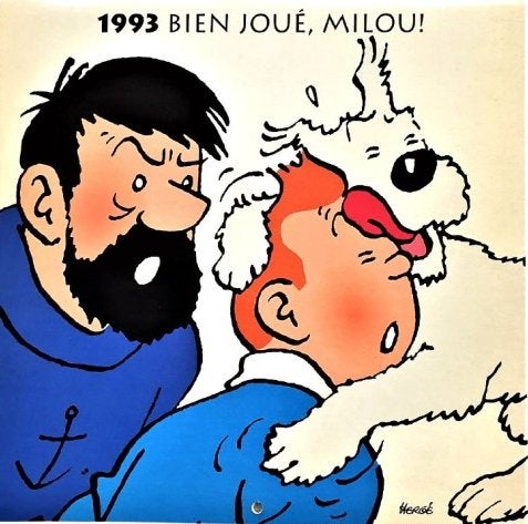 Kuifje / Bobbie 🐾 “Goed gedaan, Milou!” ~ Kalender 1993, Ophalen of Verzenden, Kuifje, Zo goed als nieuw, Plaatje, Poster of Sticker