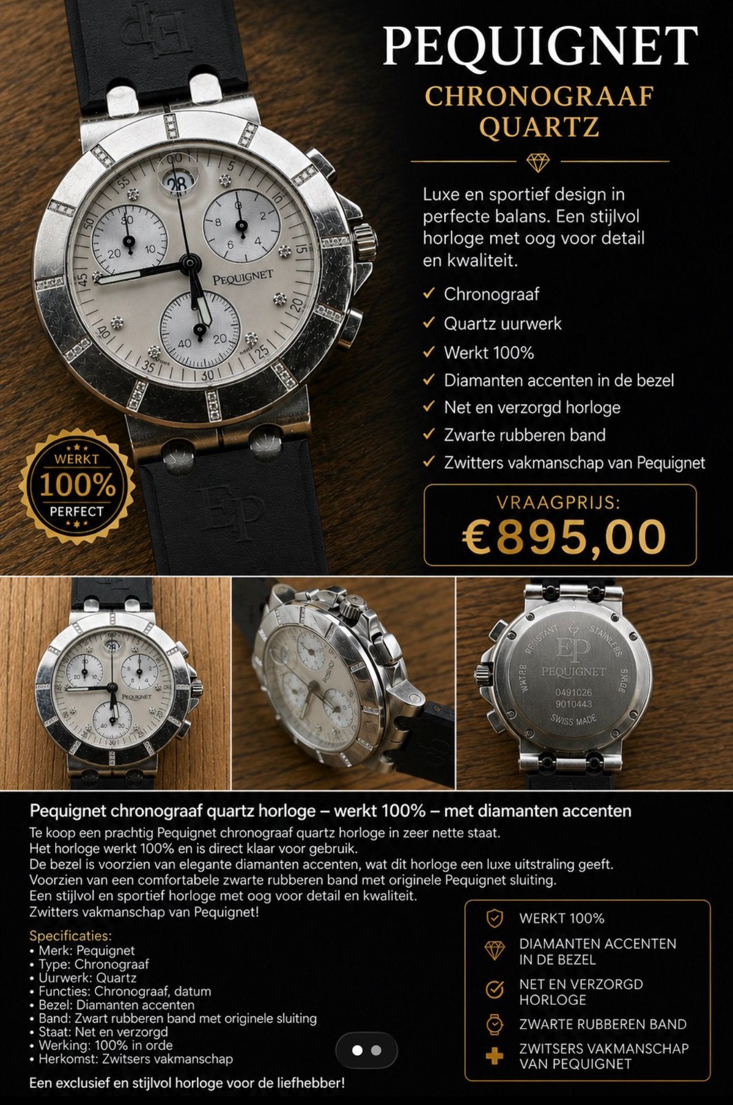 Pequignet Chronograaf Quartz – Diamanten bezel – 100%, Ophalen of Verzenden, Zo goed als nieuw