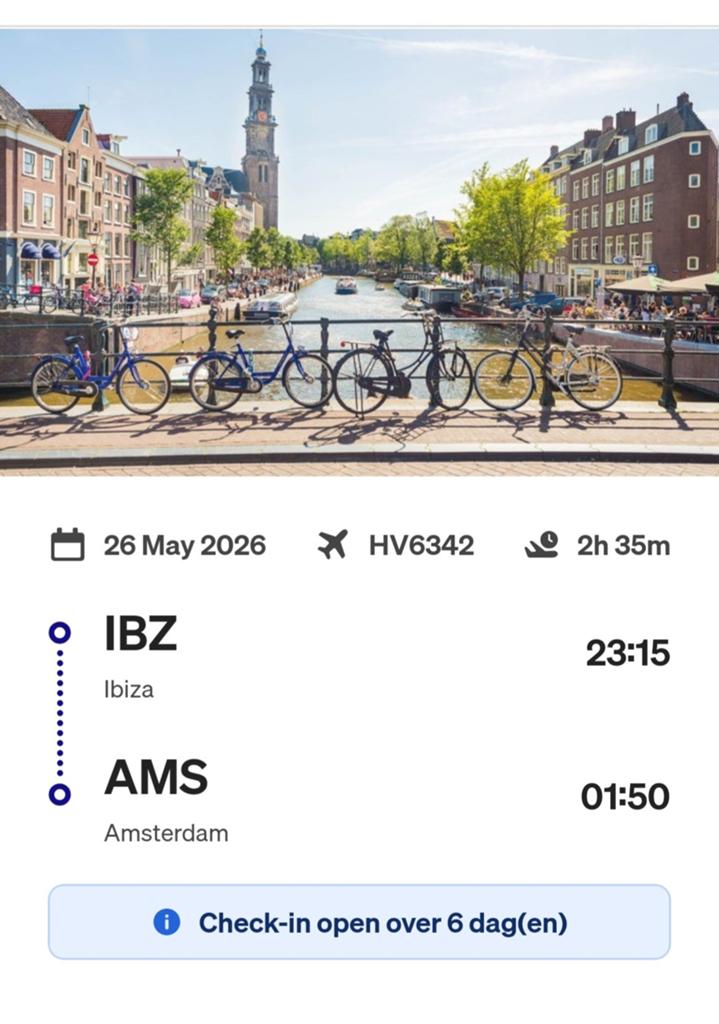 vlucht Ibiza-Amsterdam (enkele reis). 2 tickets., Tickets en Kaartjes, Eén persoon, Trein, Met bestemming of datum