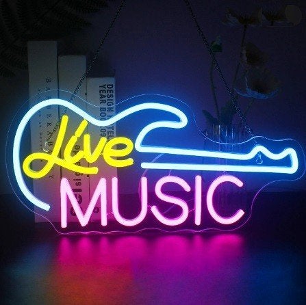 LED Neon Bord "LIVE MUSIC" Nachtverlichting/sfeerverlichting, 30 cm, Meerkleurig, Nieuw, Ophalen of Verzenden