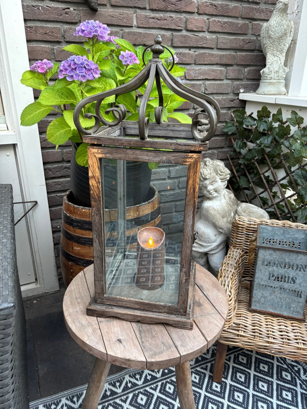 Windlicht hout ijzer kroon groot, Ophalen, Hout, Bruin, Gebruikt