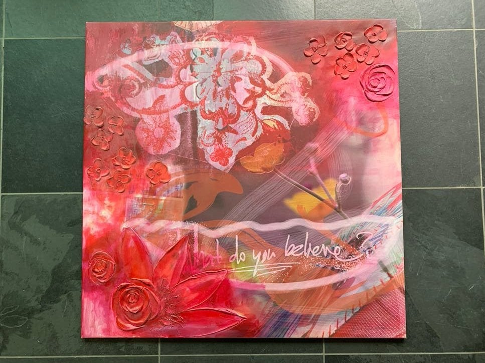 Groot schilderij 99x99 cm met 3D bloemen en tekst, Antiek en Kunst, Kunst | Schilderijen | Modern, 3D-effect, Ophalen of Verzenden