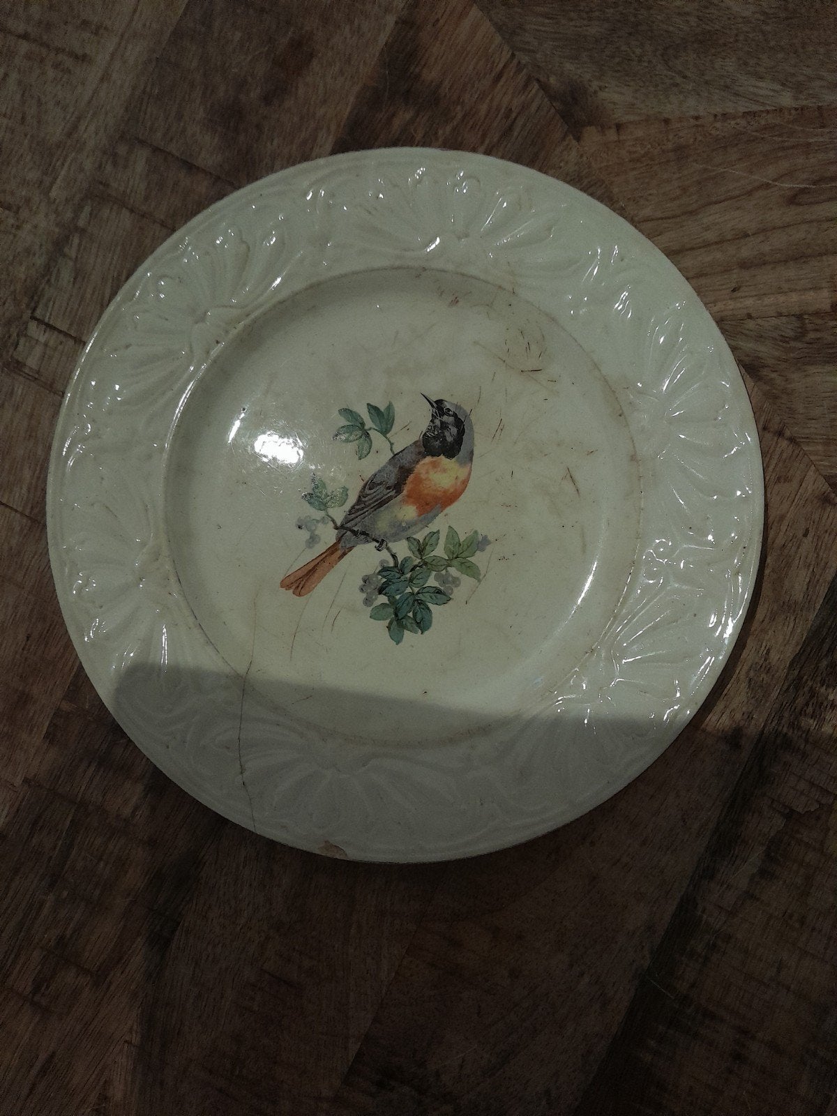 Antiek Digoin Sarreguemines bord met vogeldecor, Antiek en Kunst, Ophalen of Verzenden