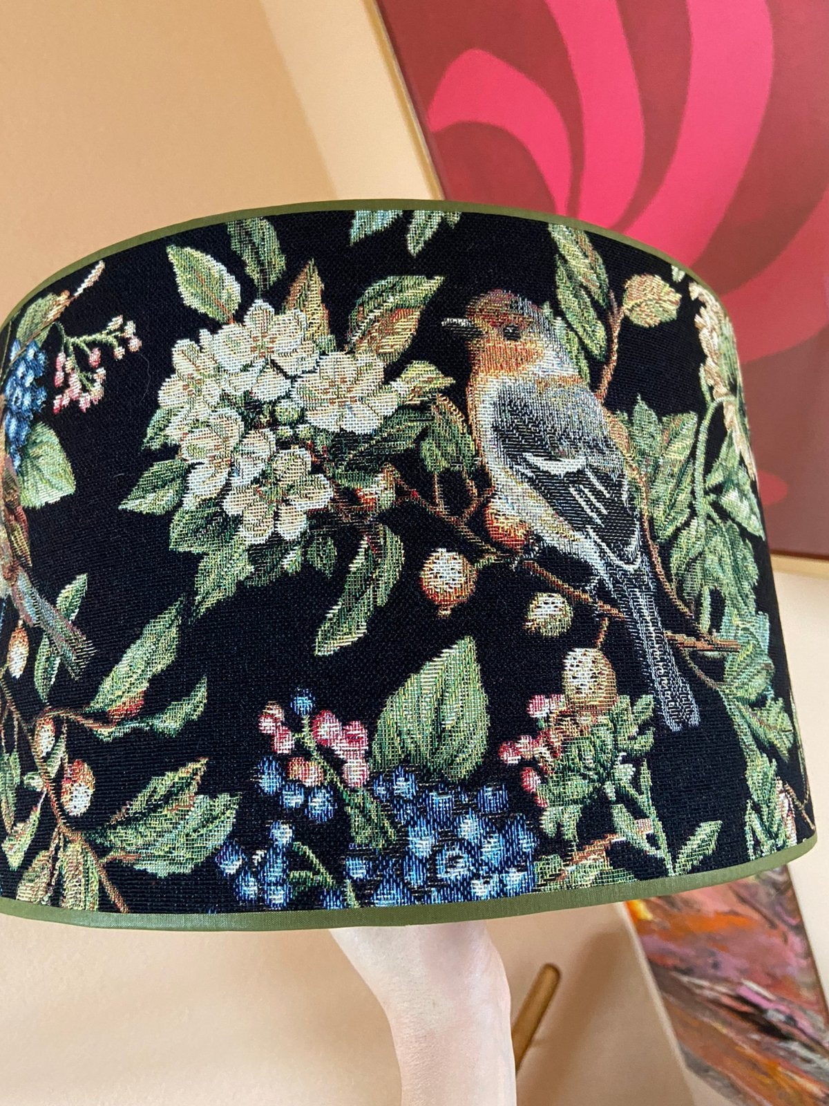 Lampenkap natuur vogels roodborstje zwart groen, Huis en Inrichting, Ophalen, Zo goed als nieuw, Bruin