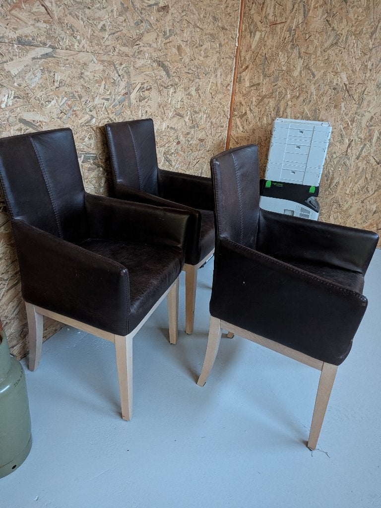 3 eetkamerstoelen met leer een hout, Huis en Inrichting, Stoelen, Ophalen, Gebruikt, Landelijk, Leer