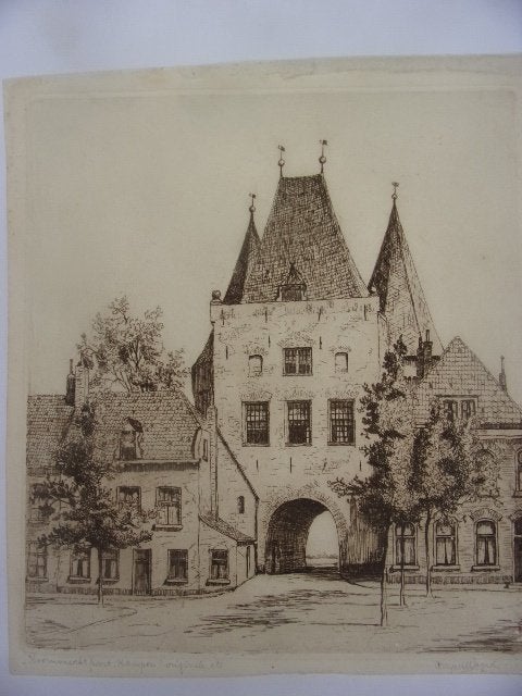 Koornmarktpoort Kampen Originele Ets C.M. van der Woerd, Antiek en Kunst, Origineel, 30 cm, Stadsgezicht, Ophalen of Verzenden