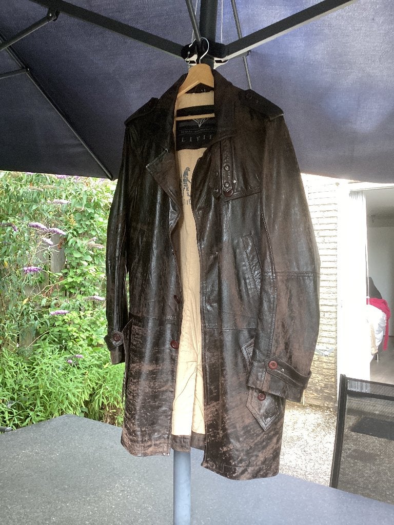 Lange leren herenjas merk livid, Ophalen, Maat 52/54 (L), Bruin, Nieuw