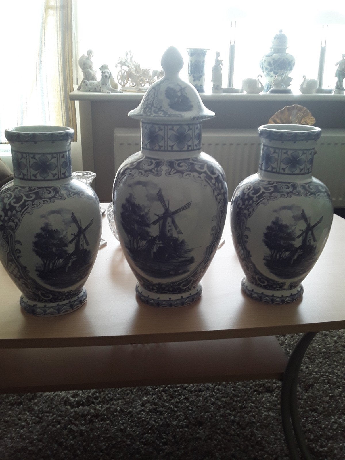 3-delig Delfts Blauw kaststel met molen decor, Antiek en Kunst, Ophalen