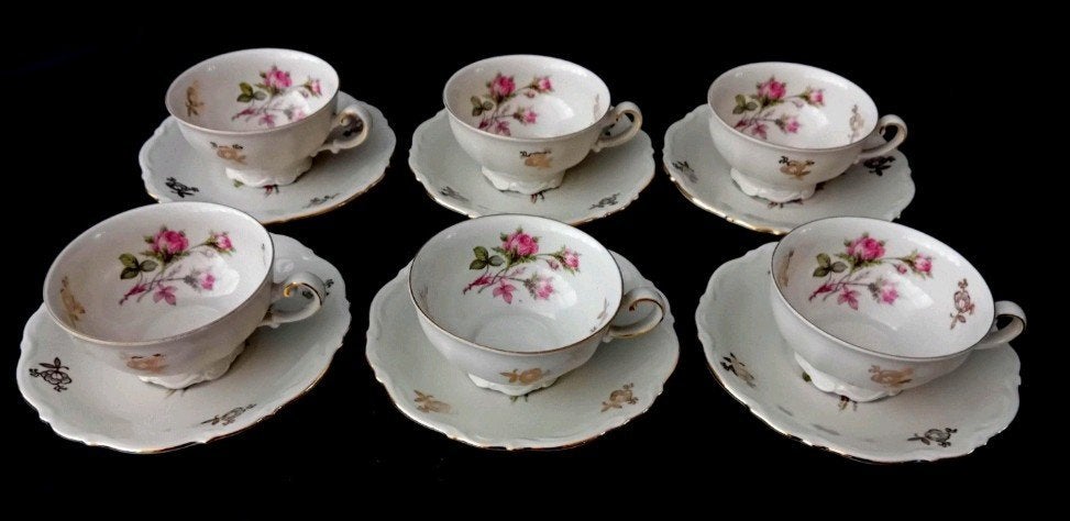 Vintage Mitterteich Bavaria Moss Rose theekopjes, Ophalen of Verzenden