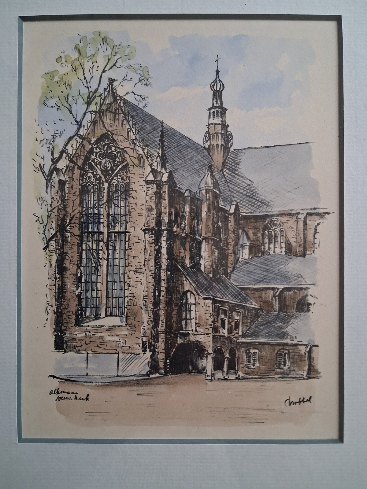 Ingelijste aquarel van de Laurentius Kerk in Alkmaar, Ophalen, Gesigneerd, Aquarel, Papier