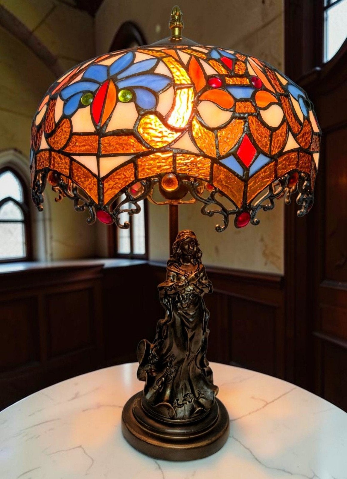 Tafellamp Tiffany style (glas in lood) 50cm hoog, 50 cm, Tiffany Style, E27 (groot), Ophalen of Verzenden