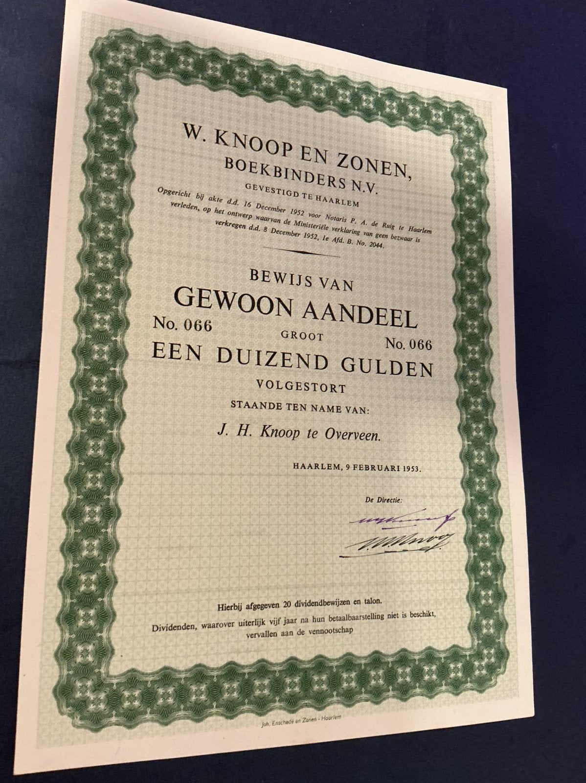 Oud aandeel W. Knoop en Zonen, Boekbinders N.V. (1953), Postzegels en Munten, Aandelen en Waardepapieren, Verzenden, 1950 tot 1970