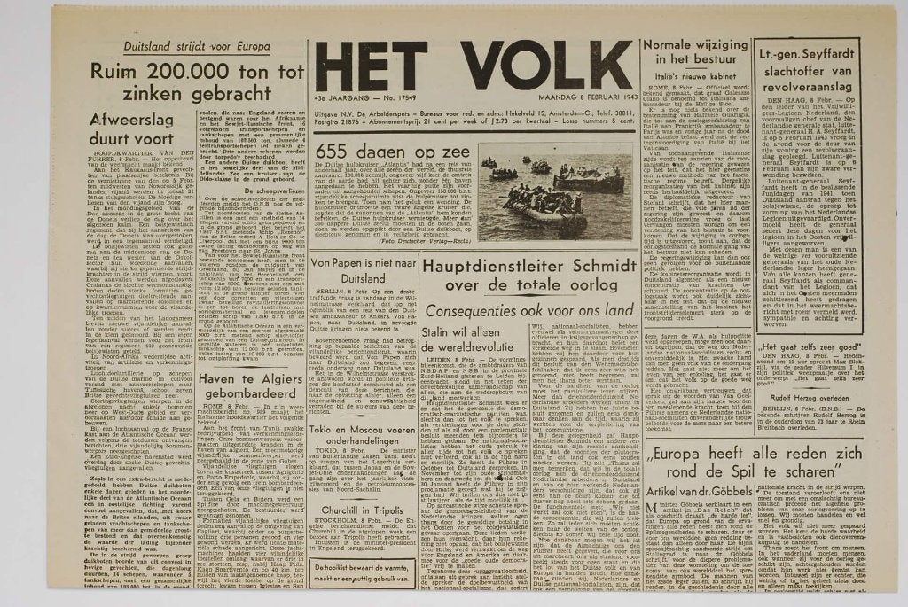 Het Volk 08-02-1943 herdruk krant Tweede Wereldoorlog, Zo goed als nieuw, Verzenden, Amsterdam, Florence Uitgeverij