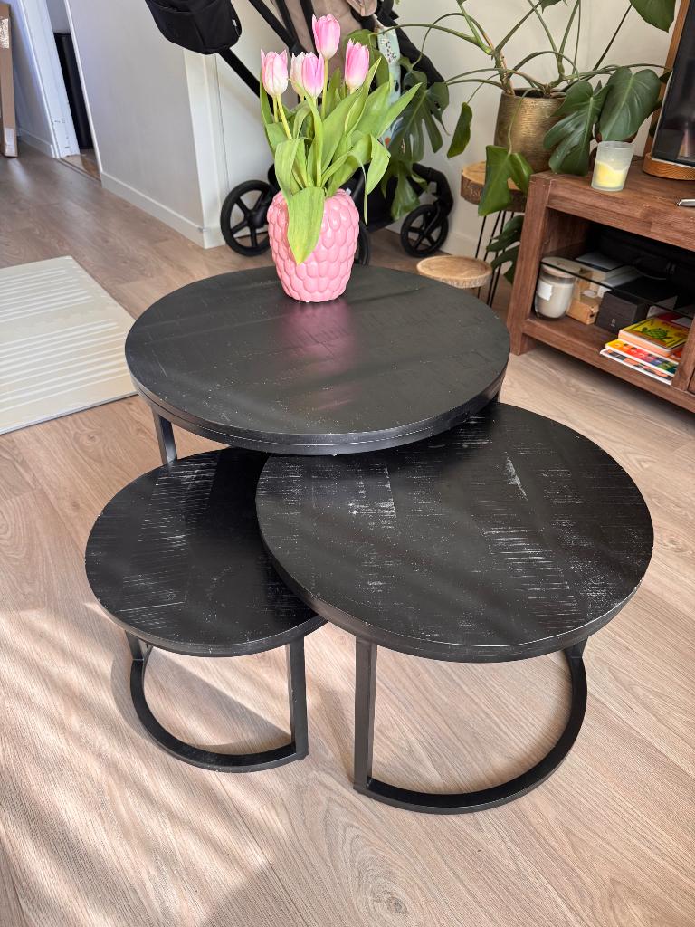 Salontafeltjes 3x zwart, Huis en Inrichting, Tafels | Salontafels, Ophalen, 50 tot 100 cm, Rond, 50 tot 100 cm