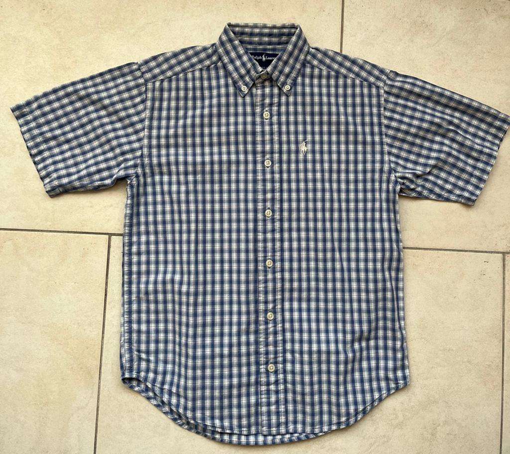 Ralph Lauren bloes S 128 134 140 blauw wit geruit overhemd, Gebruikt, Overhemd of Blouse, Ophalen of Verzenden, Jongen