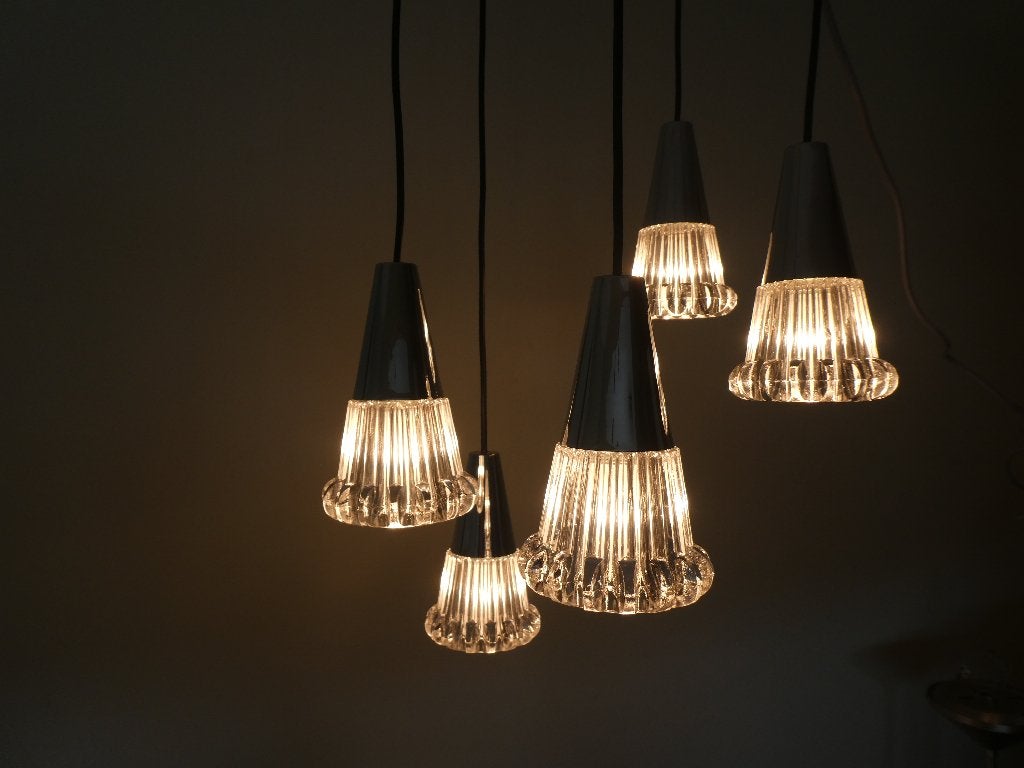 Vintage jaren 60 Cascade 5 spins hanglamp, Huis en Inrichting, Lampen | Hanglampen, Ophalen of Verzenden, Gebruikt, Glas, E14 (klein)