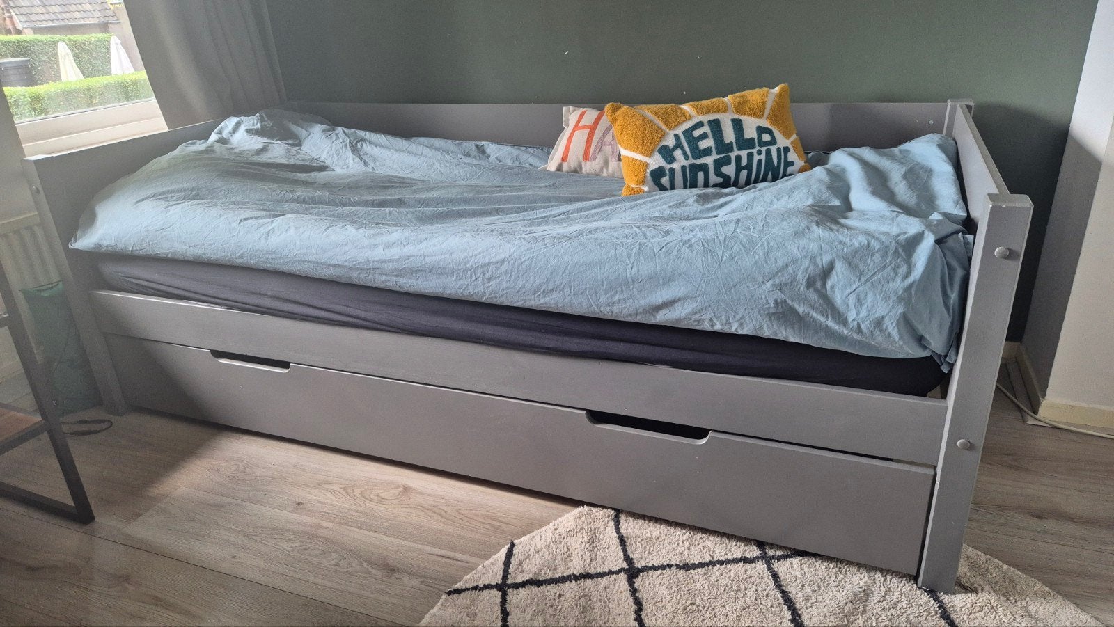 Grijs eenpersoonsbed met opberglade (205x97,5x70 cm), Gebruikt, Eenpersoons, Ophalen of Verzenden, Overige maten