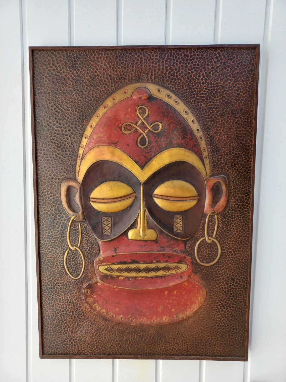 Afrikaans masker, koperen reliëfkunst in lijst, Ophalen of Verzenden