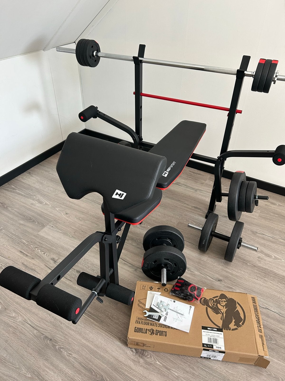 Complete Fitness Set: Bank, Halters & Stang en gewichten, Sport en Fitness, Ophalen, Nieuw, Armen, Fitnessbank