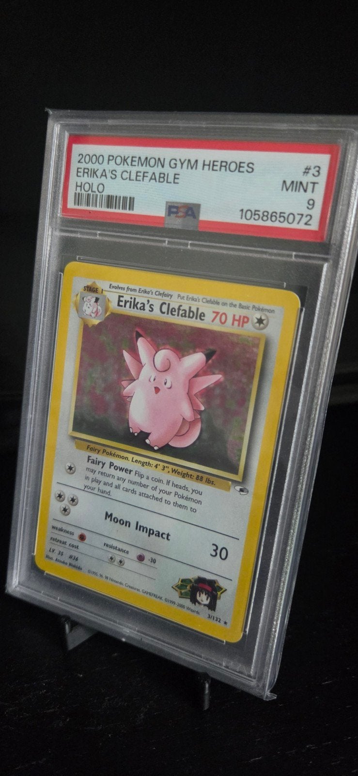 Erika's Clefable Holo PSA 9 MINT - Pokémon Gym Heroes #3, Ophalen of Verzenden, Zo goed als nieuw, Losse kaart, Foil