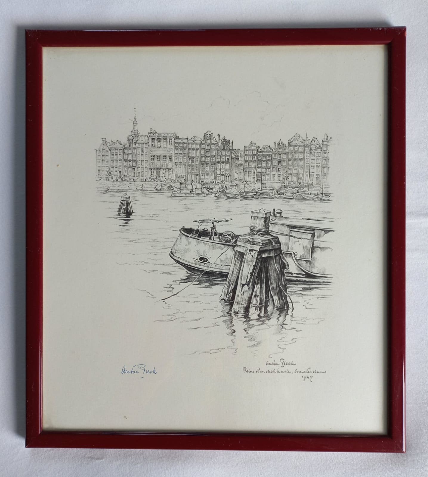 Gesigneerde !! Anton Pieck tekening Amsterdam ingelijst, Ophalen, Ingelijst
