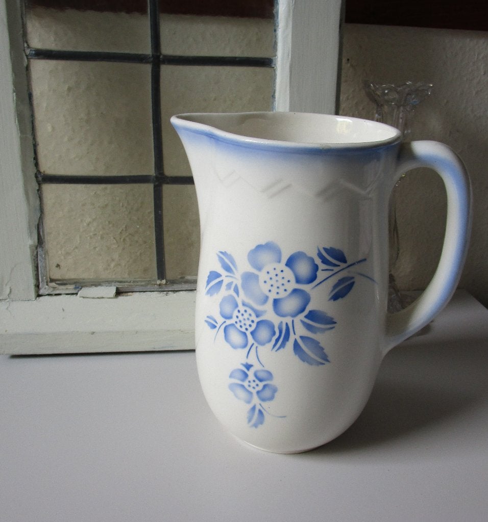 Vintage Witte Kan met Blauwe Bloemen en Rand, Ophalen of Verzenden
