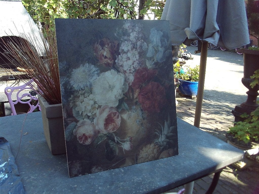 Bloemen op houten paneel - 55x45 cm, Hout, Gebruikt, Meerkleurig, Ophalen of Verzenden