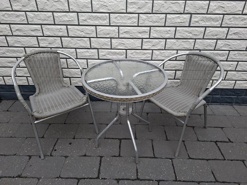 Leuk bistrosetje met glazen tafel en 2 stoeltjes, Tuin en Terras, Overige materialen, Gebruikt, Tuinset, Eettafel
