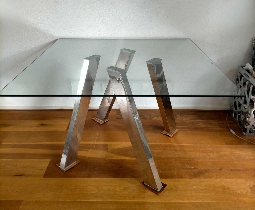 Glazen eettafel met metalen poten, Gebruikt, 100 tot 150 cm, Ophalen of Verzenden, Glas