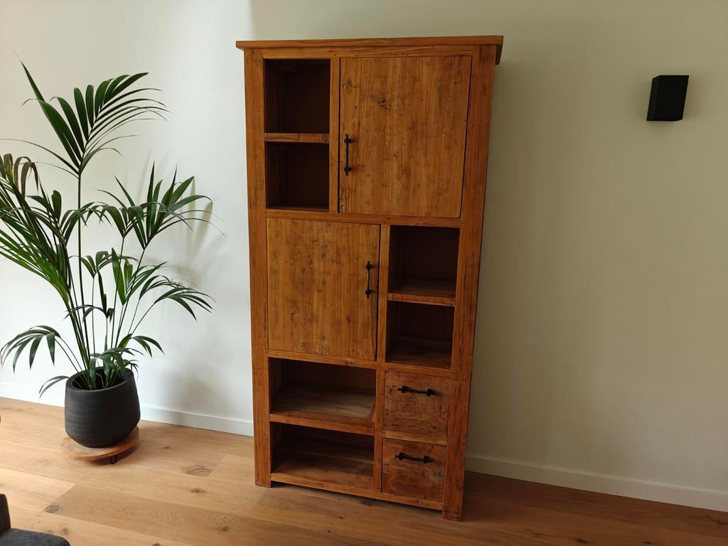 Massief houten kast met open vakken en lades, Ophalen, Gebruikt, 200 cm of meer, Landelijk, Robuust
