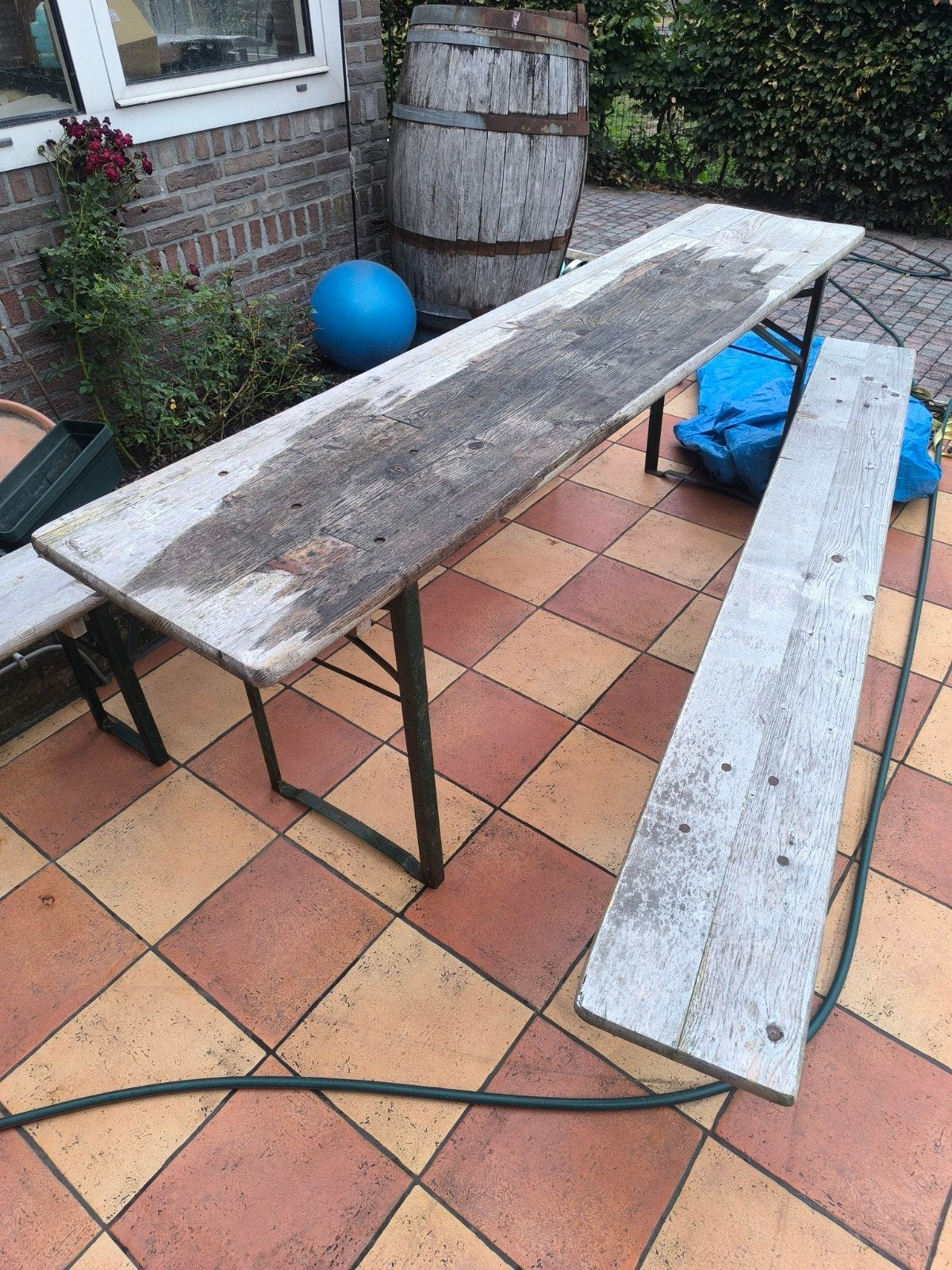 biertafel set 6 bankjes en 2 tafels - opknapbeurt nodig, Ophalen, Gebruikt, Inklapbaar, Rechthoekig