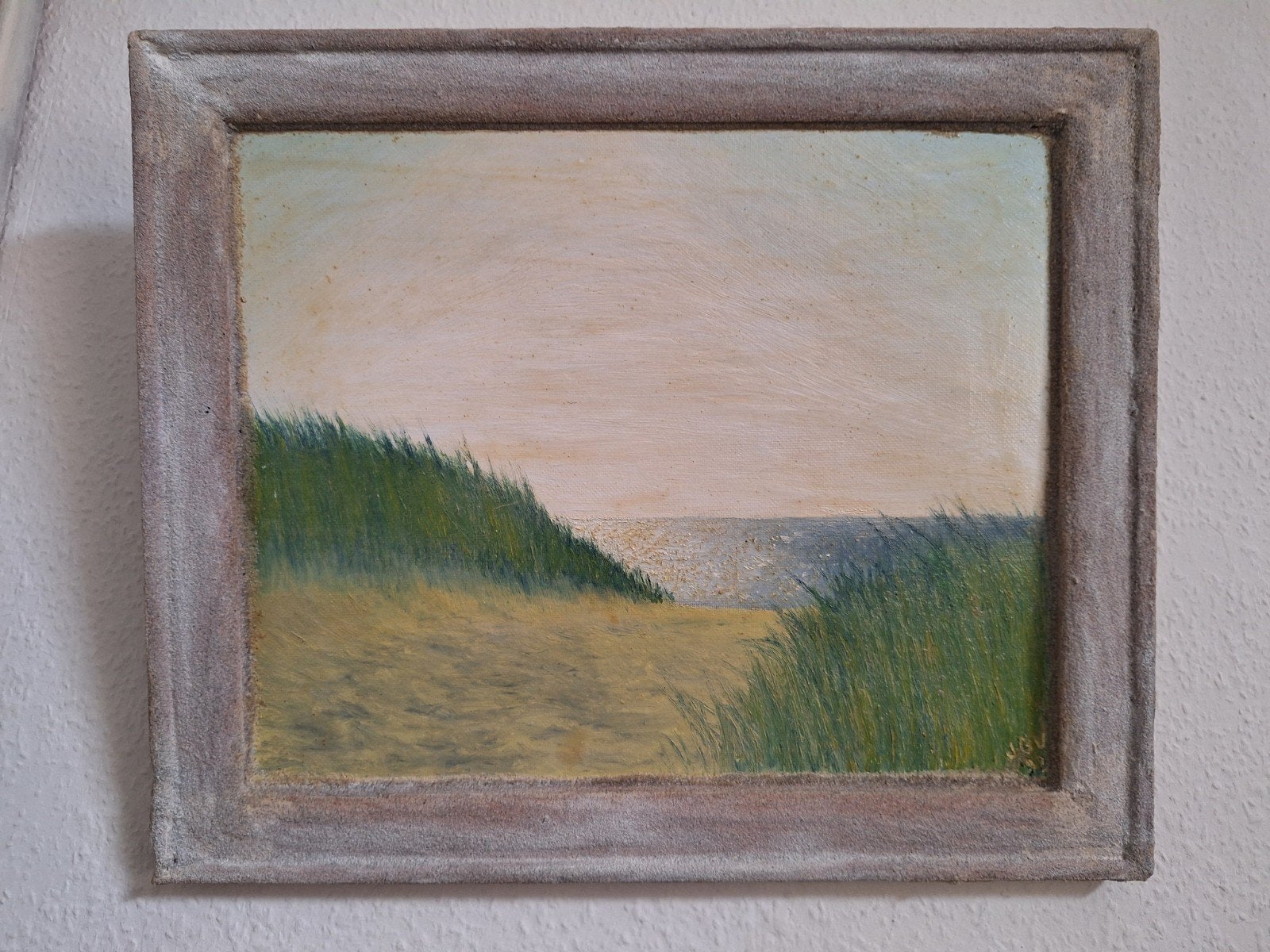 Schilderij duinlandschap met zee - Olieverf op paneel, Antiek en Kunst, Paneel, Realistisch, Ophalen of Verzenden, Landschap
