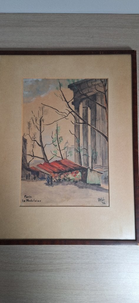 Aquarel Parijs La Madeleine - Gesigneerd en Ingelijst, Aquarel, Vintage, Gedateerd, Ophalen of Verzenden